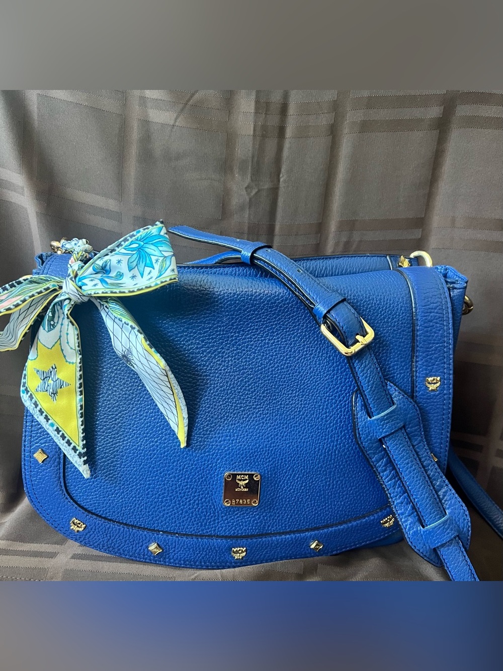 MCM Royal Blue Pebbled Leather Studded Flap Crossbody Shoulder Bag Gold Hardware